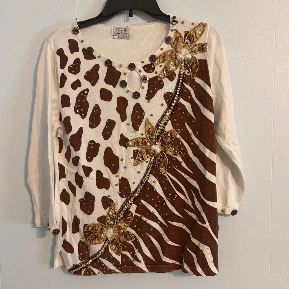 Just B Womens Animal Print Beaded‎ Knit Top Brown Cream 3/4 Sleeve Large Floral